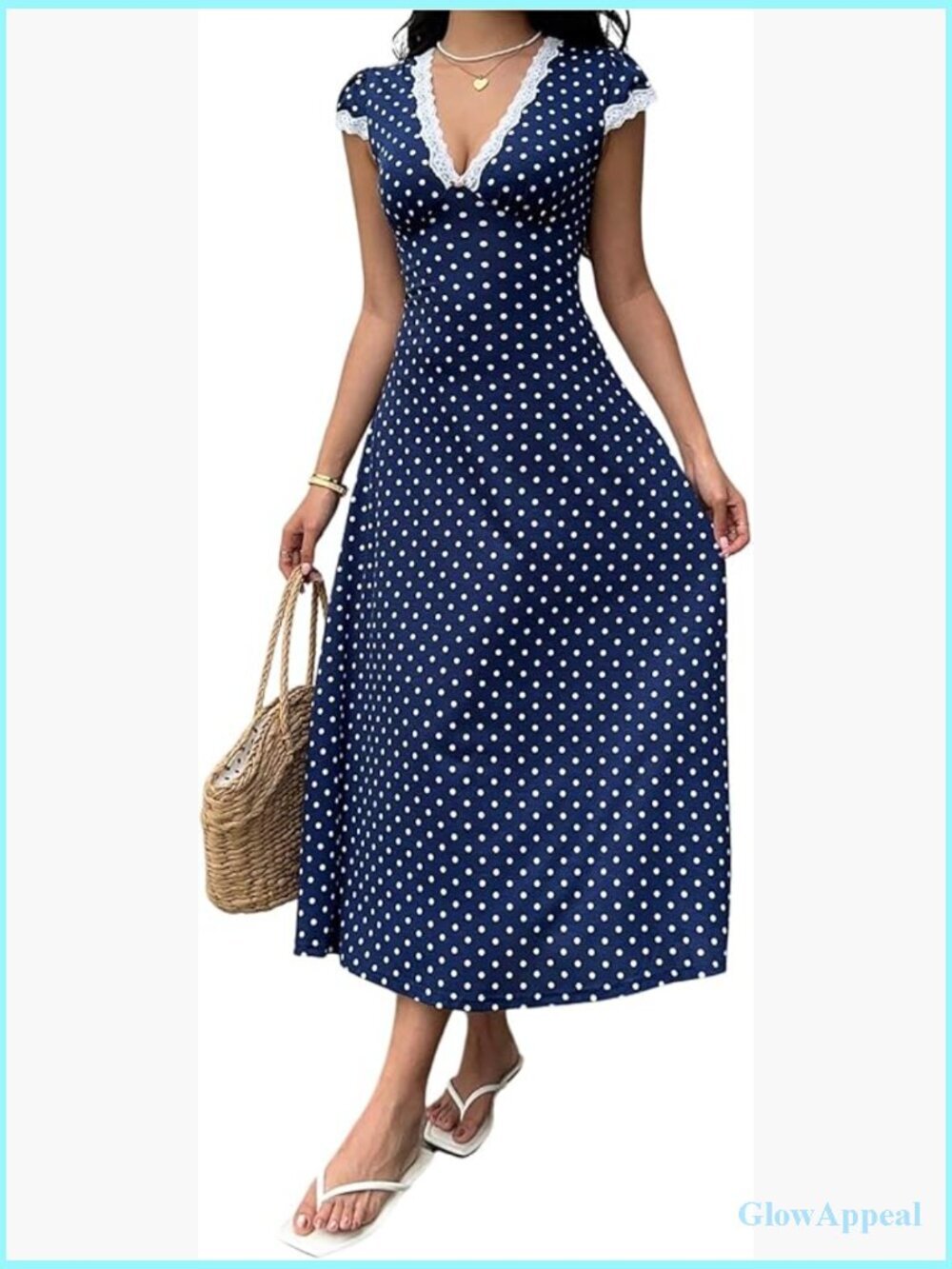 Polka Dot Lace Trim Deep V Neck Dress Short Sleeve A-Line Maxi